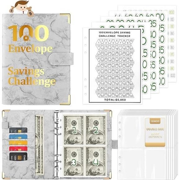 100 Envelopes Money Saving Challenge Tracker to Save $5,050, Marble Grey - Picture 7 of 7